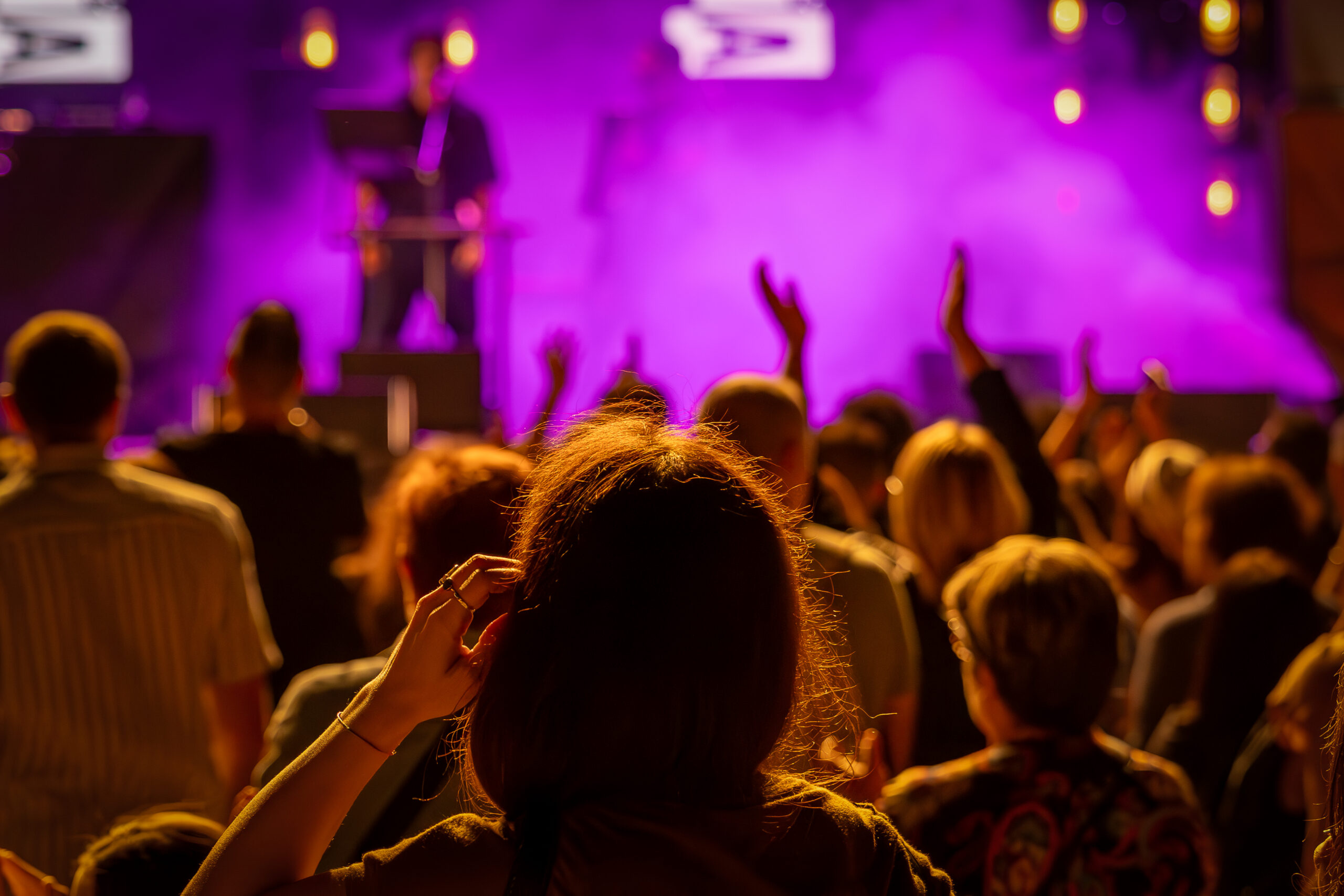 The audience gets excited and cheers during the concert of the musical band that performs on stage.