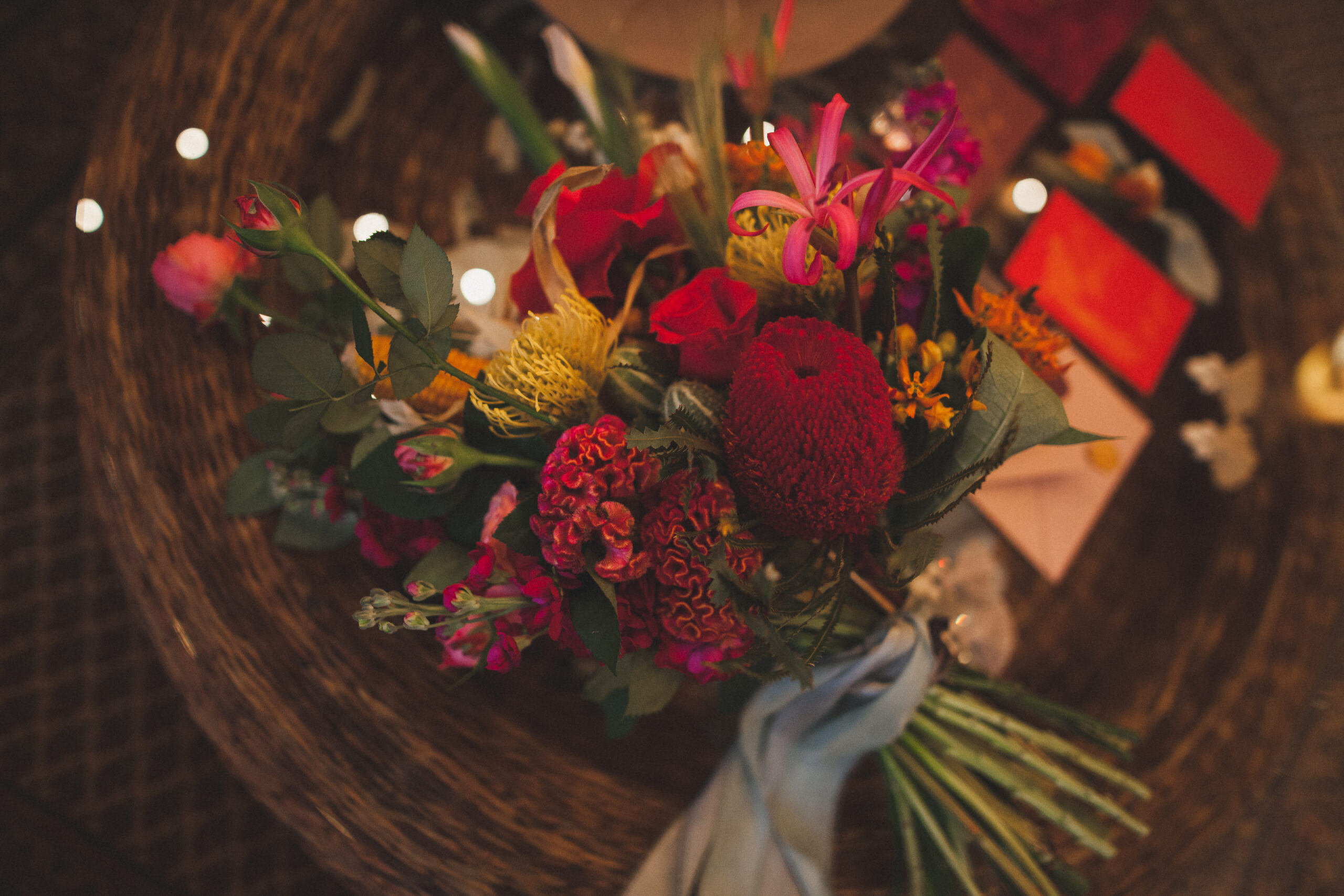 top view of wedding bouquet of flowers in bohemian style